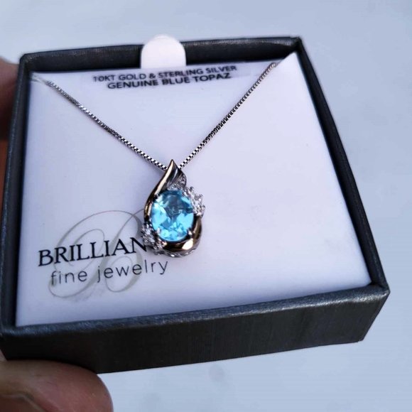 Brilliance Genuine 10kt gold & Sterling Silver Blue Topaz Diamond Necklace - Picture 5 of 5